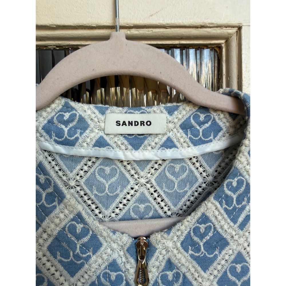 Sandro Blue White Heart Logo Jacquard Zip Front Pleated Mini Dress Size 38/M - Picture 10 of 13